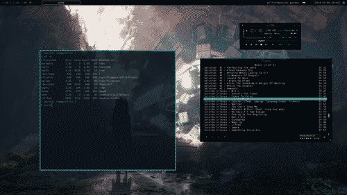 desktop environment; a black bar at top has load average, a button for a minimized window that says acme left-aligned to the central space, and a network, battery, and clock clustered at right with a power button; the desktop background is an Asteroid painting of a woman carrying another woman on her shoulders through a mountainous terrain toward a large artificial circular door; two black audacious windows on the right of the desktoipshow the playback controls and playlist respectively, playing Suicide Silence; on the left a translucent blue terminal with turquoise border is the active window, showing the output of df -h