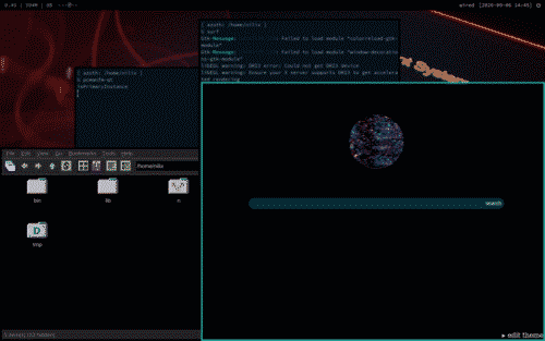 a virtual machine desktop with black bar, a couple blue terminals, a dark themed file manager, and a web browser without any chrome showing a glitchy orb and search bar; the window borders are 4px wide, black for the inactive windows, turquoise for the web browser