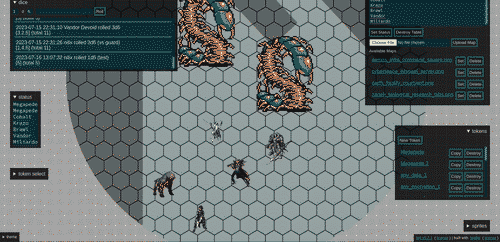 Screenshot of Felt showing a hexgrid map on which a party of 4 humans and an alien dog thing facing off against two giant centipedes. Various UI windows are overlayed, some of them collapsed, showing the dice roller with dice log, and admin windows showing map and token management interfaces.