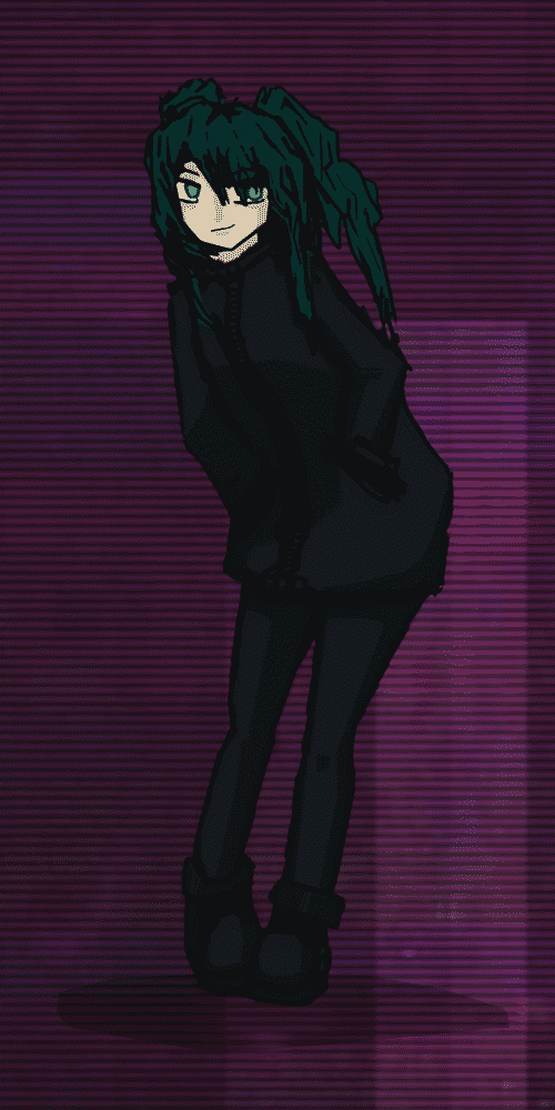 a pale girl with her hands in her pockets, leaning forward slighty and looking up and to the left with green eyes. her hair is in dark twintials and she wears a high-collared black jacket, leggings, and boots; behind her is a purple cyberspace