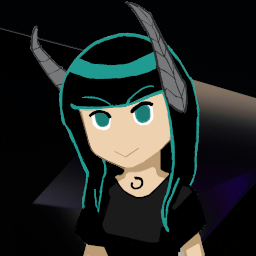 a pale woman with green eyes, green streaked dark hair, mechanical horns, and an oroborous tattoo is looking at you with a tight-lipped smile, rendered similarly to the character art style of Natasha Allegri against an abstract purple and black background