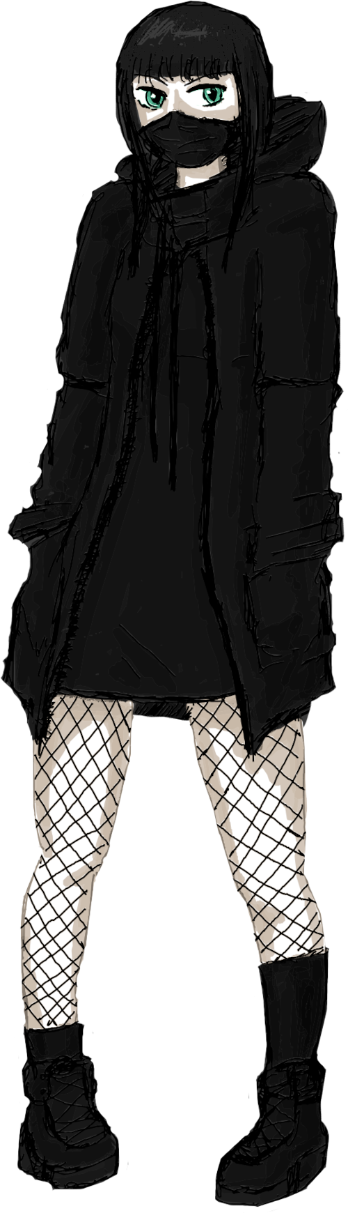 a pale girl with long dark hair peeks with her green eyes from between her bangs and the black mask covering her nose and mouth. she is clad in a techwear jacket with the hood cast back over a black dress, fishnets, and black socks and work boots. her hands are in her jacket pockets and one of her socks has sunk to the cuff of her boot while the other clings to her calf