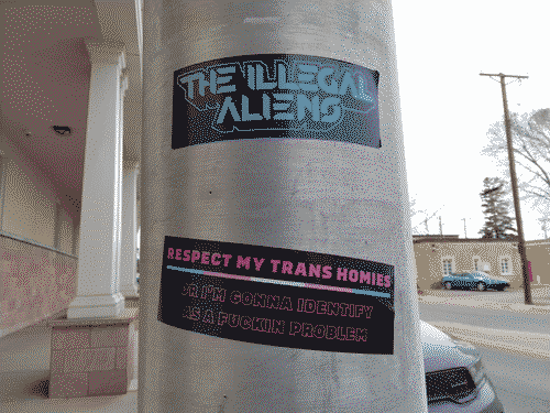 Two stickers on a wide metal lamppost. The one on top reads "the illegal aliens". The one below reads "respect my trans homies or im gonna identify as a fuckin problem"