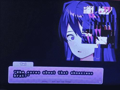 Yuri from Doki Doki Literature Club, glitching the fuck out