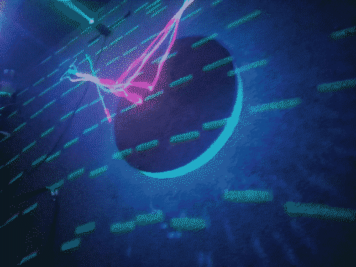 A wall is lit up blue with ambient light with a cyan crescent at the edge of a shadow of a disco ball. Colorful plasma streams across the wall randomlly.