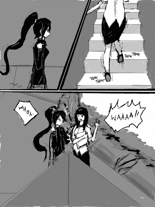 The girl starts walking toward the stairs that lead to the street; at the same time, another woman is rapidly running up the stairs! They collide, our heroine noticing just in time with a _WHOA_ to catch the new girls shoulder as they meet at the top of the stairs. The new girl has dark hair in a long bob and is wearing a white business dress shirt (like a mens dress shirt), a black pencil skirt, and black pumps. She screams _WAAAAAAH_ as she runs into the girl with the ponytail