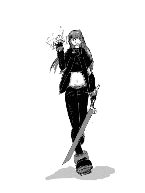 A pale woman with long silver hair and blue eyes walking forward casually with a sword hanging in her left hand and her right hand acrackle with lightning, raised in a backhanded claw; she is dressed in all black, a sleeved muffler over a crop top and tight jeans with a belt, with robotic gauntlets and boots. she has a malicious smirk and a sidelong glance to her left, her blue eyes the only pop of color on the page