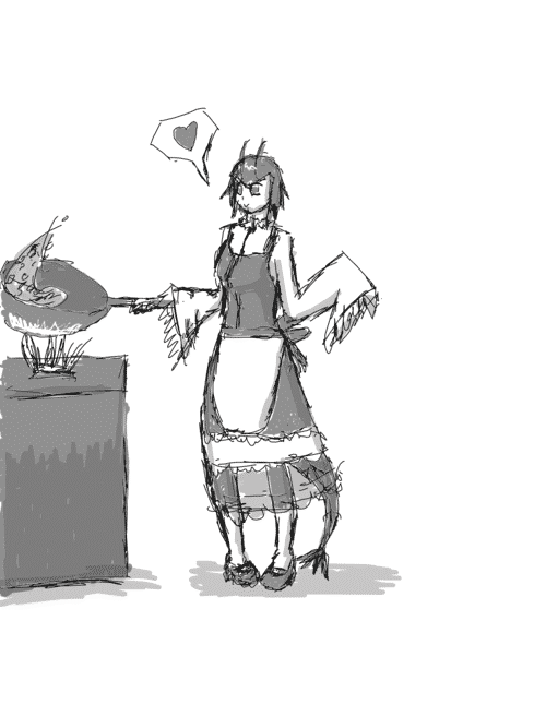 An anime girl who is an anthropomorphized shrimp with shortish hair, long frilly sleeves, a multilayer dress, little antennea, big pupilles eyes, and a shrimp tail peeking out from under her dress is frying rice on a stove with a wok; her left hand is covered by her overlong sleeve, reminiscient of a shrimps front legs and she is exhibiting a speech bubble with a single heart in it