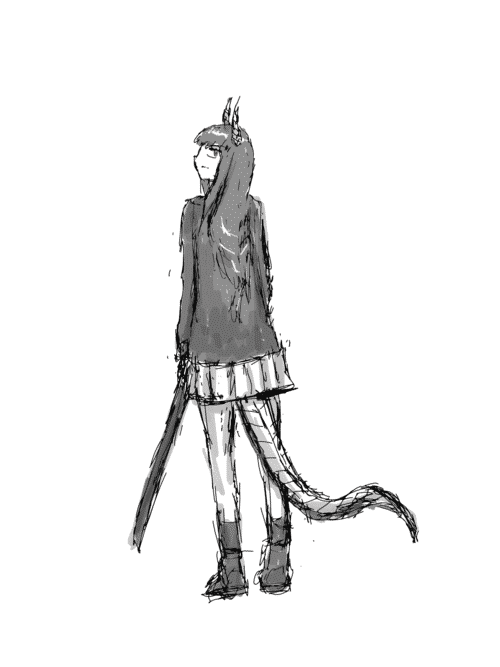 A dragon woman with long hair in a loose braid, dark jacket, pleated skirt, and black socks and boots looks over her left shoulder toward the veiwer. She has segmented horns on her head and a segmented mechanical tail winding out from under her skirt, and holds a sheathed ninjato in her left hand.