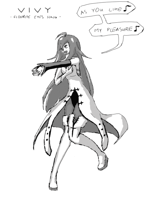 a sketch of Vivy from VIVY: Flourite Eyes Song in a white strapless dress that opens high in the front over a black leotard, with dark grey stockigns and white thighhigh boots; her dress is very long and the skirt composed of distinct flaps that sway independently as she dances during a song; she is stepping back while holding one arm out as if beckoning, with her other arm held in toward her bosom; her long hair sways with her motion as well; she is wearing white gloves, a black opera sleeve on her oustretched left arm, and her dress and boots have cross-themed details on them; at top left is the text _VIVY -FLOURITE EYES SONG-_ and at top right are speech bubbles indicating the opening words of the theme song _AS YOU LIKE/MY PLEASURE_